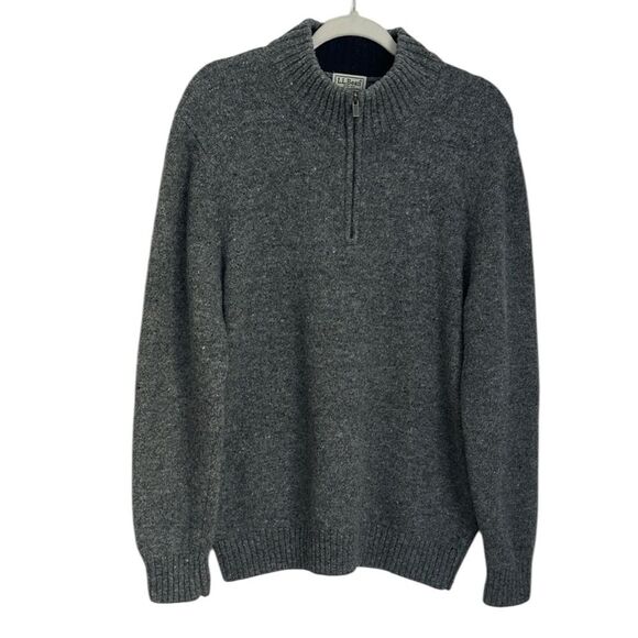 L. L. Bean VTG Mens Gray Shetland Wool 1/4 Zip Sweater Elbow Patches Size L - Picture 1 of 8